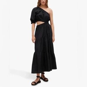 Mango Asymmetric One Shoulder Tiered Maxi Dress Black Medium M
